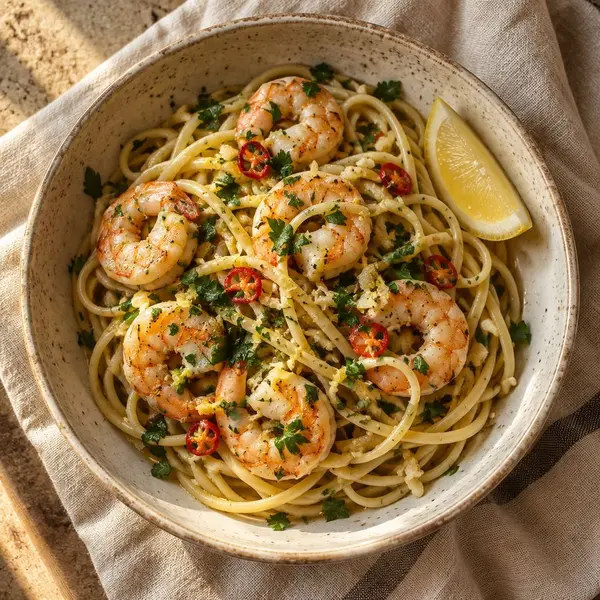 Garlic prawn linguine