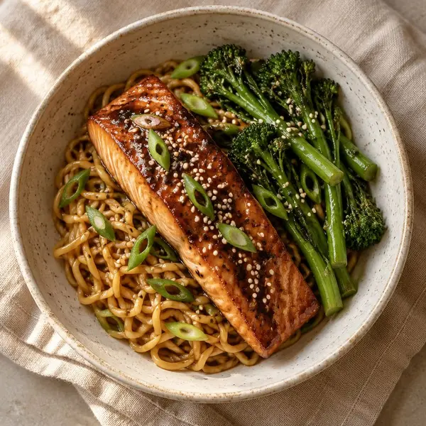 Salmon teriyaki noodles